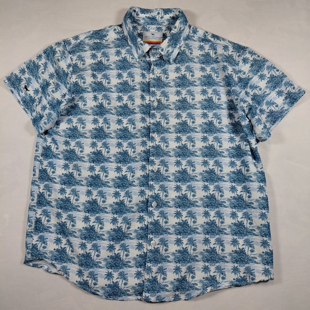 Simply Southern Mens L Tropical Palm‎ Tree Print Short Sleeve Button Up Shirt - Picture 2 of 8